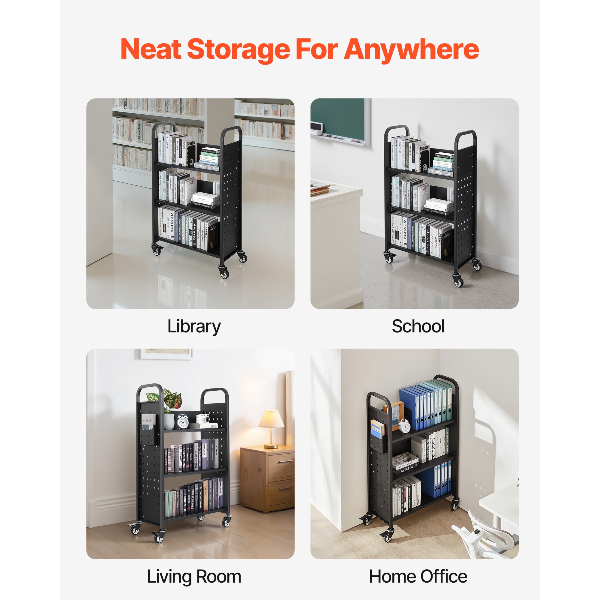 3-tier Rolling Book Cart With Single Sided Shelves In Black_voghion.com